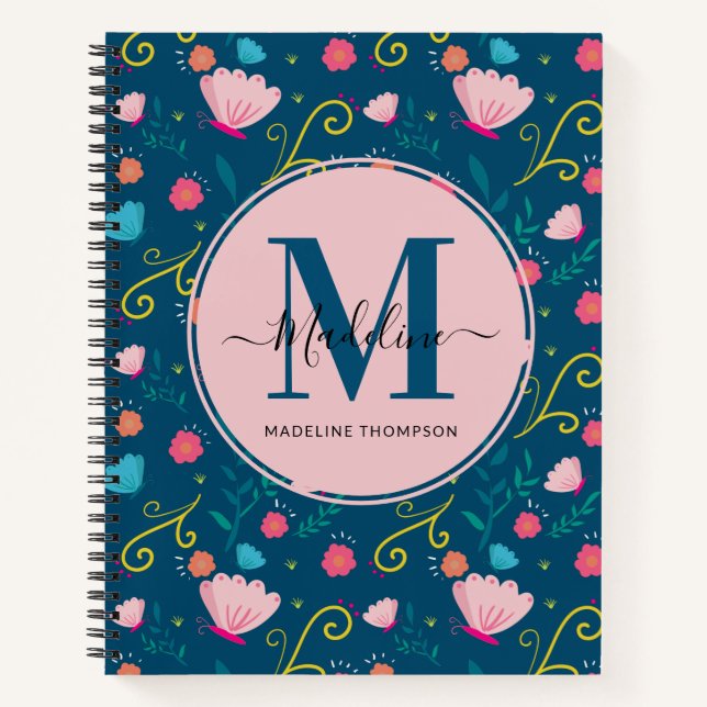 Cuaderno Monograma de flor de mariposa rosa azul de la Mari (Anverso)