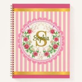 Cuaderno Monograma de Flor de Rosa con Rayas y Corazones Ro