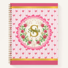 Cuaderno Monograma de Flor de Rosa con Rayas y Corazones Ro