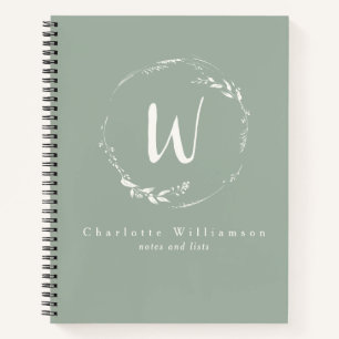 Cuaderno Monograma de flor verde sabio personalizado