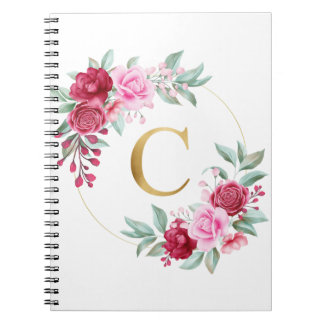 Cuaderno Monograma de floración rosa y roja Letra inicial C