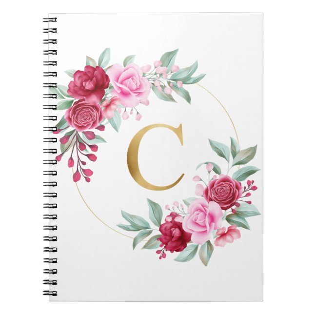 Cuaderno Monograma de floración rosa y roja Letra inicial C (Frente)