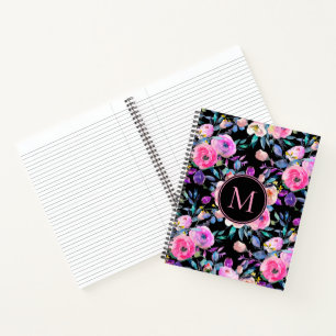 Cuaderno Monograma de floral negra rosada adorable