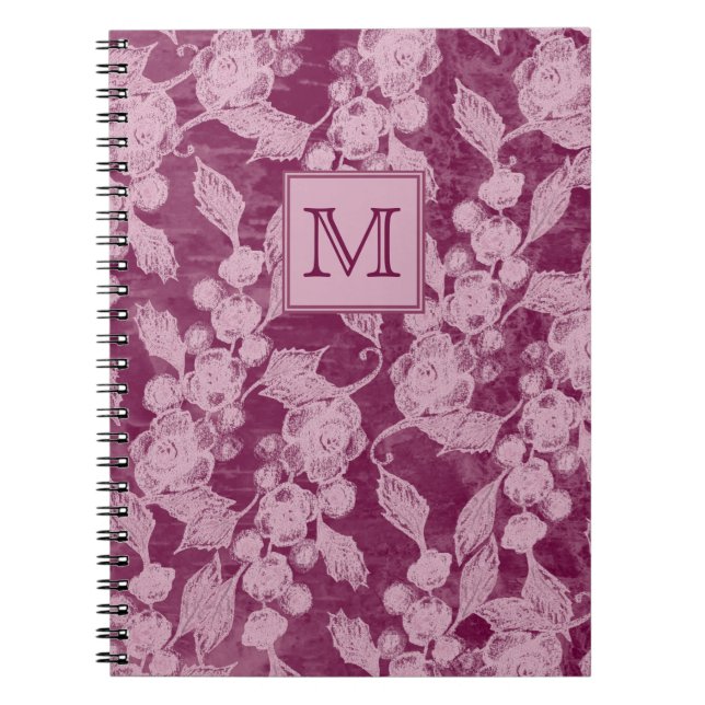 Cuaderno Monograma de floral púrpura de cerezas y flores (Frente)