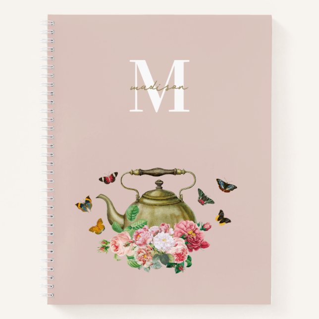 Cuaderno Monograma de floral rosada y mariposas Fiesta de T (Anverso)