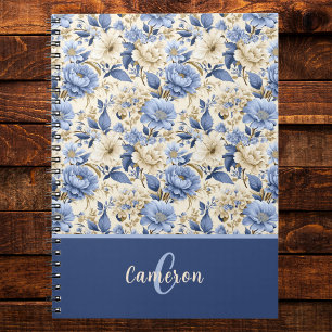 Cuaderno Monograma de flores azules de peonías rosas estilo