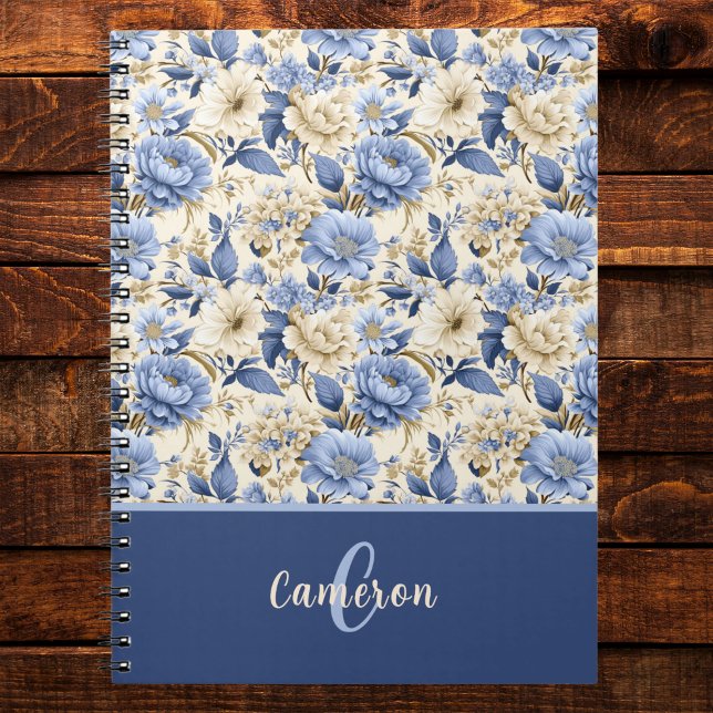 Cuaderno Monograma de flores azules de peonías rosas estilo (Subido por el creador)