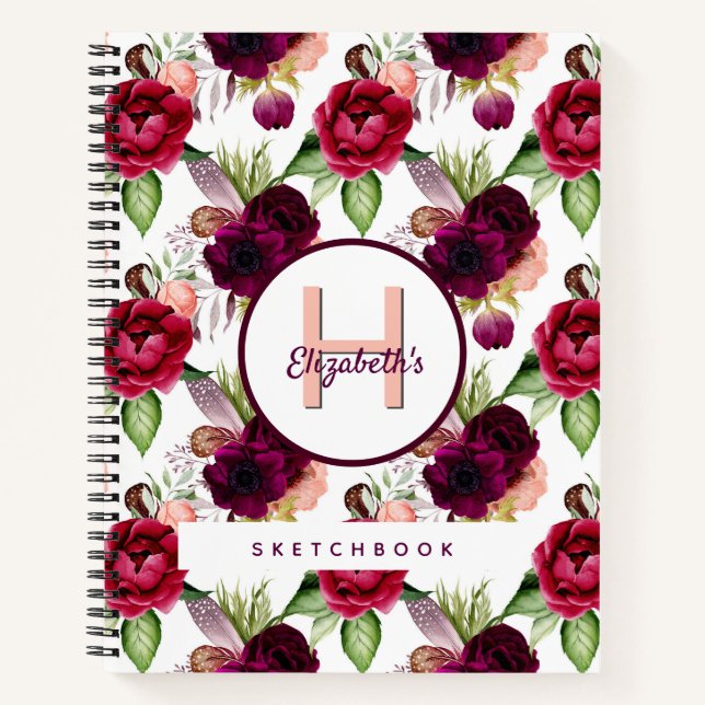 Cuaderno Monograma de flores de burgundy de Sketchbook (Anverso)