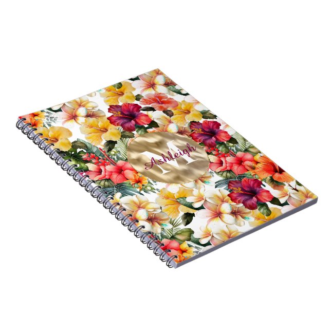Cuaderno Monograma de flores de hibiscus amarillo tropical (Lado Derecho)