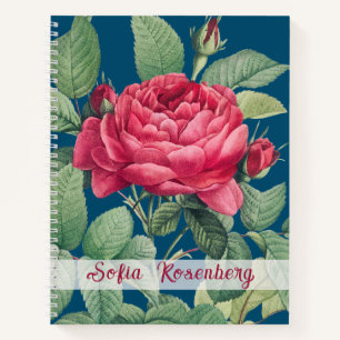Cuaderno Monograma de flores de rosa roja con hojas verdes