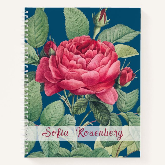 Cuaderno Monograma de flores de rosa roja con hojas verdes (Anverso)