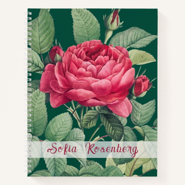 Cuaderno Monograma de flores de rosa roja con hojas verdes (Anverso)