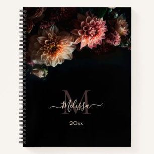 Cuaderno Monograma de flores rosadas oscuras y malhumoradas