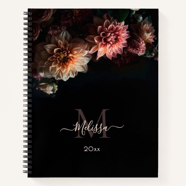 Cuaderno Monograma de flores rosadas oscuras y malhumoradas (Anverso)