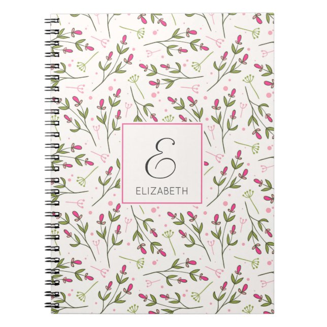Cuaderno Monograma de flores silvestres rosas y verdes (Frente)