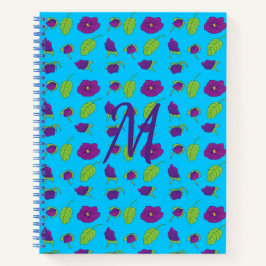 Cuaderno Monograma de fondo azul de violetas y hojas verdes