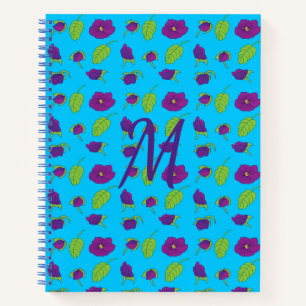 Cuaderno Monograma de fondo azul de violetas y hojas verdes