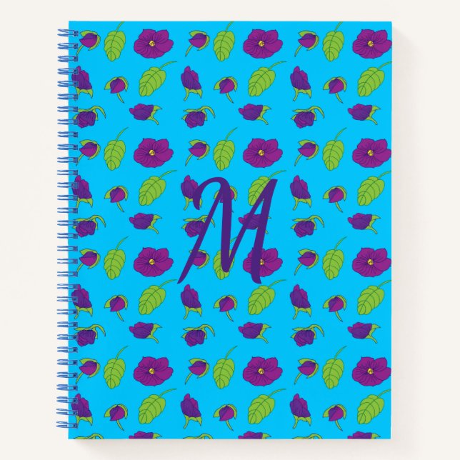 Cuaderno Monograma de fondo azul de violetas y hojas verdes (Anverso)