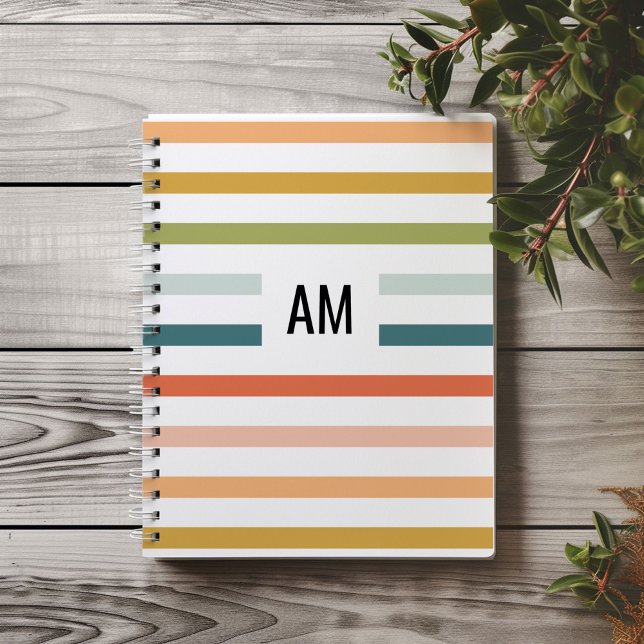 Cuaderno Monograma de franja colorida (Colorful rainbow stripes monogram initials notebook.)