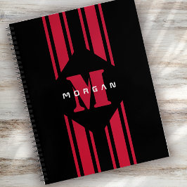 Cuaderno Monograma de franja de coche de Carreras roja negr