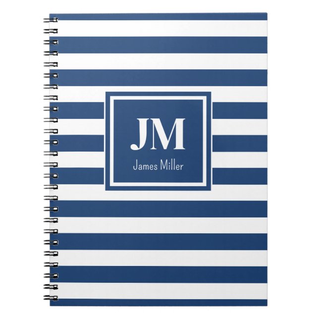 Cuaderno Monograma de franja náutica azul y blanca (Frente)