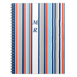 Cuaderno Monograma de franjas rojas azul gris moderno
