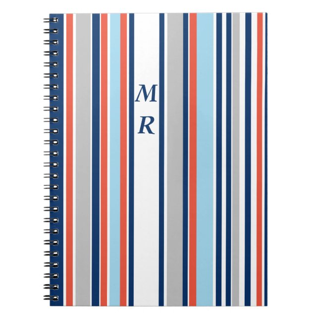 Cuaderno Monograma de franjas rojas azul gris moderno (Frente)