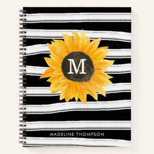 Cuaderno Monograma de girasol de franjas blancas negras mod