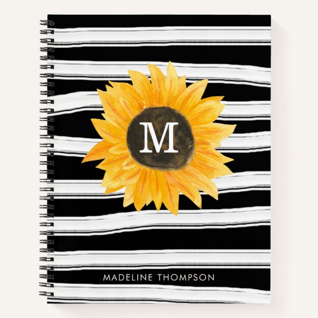 Cuaderno Monograma de girasol de franjas blancas negras mod (Anverso)