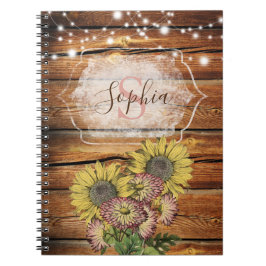 Cuaderno Monograma de girasol de madera de grano rústico