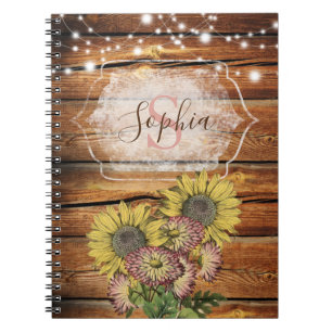 Cuaderno Monograma de girasol de madera de grano rústico