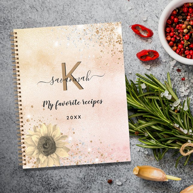 Cuaderno Monograma de girasol rosa purpurina de oro (Subido por el creador)