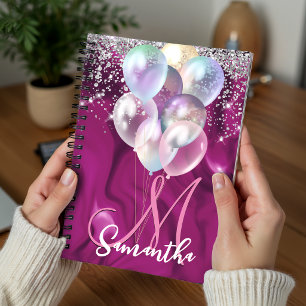 Cuaderno Monograma de globo de purpurina plateada falsa ros