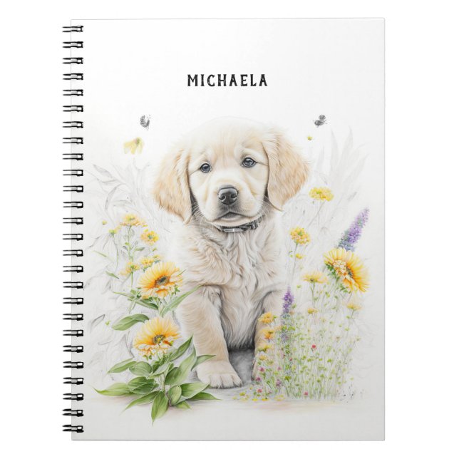 Cuaderno Monograma de Golden Retriever Puppy y Florines (Frente)