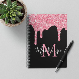 Cuaderno Monograma de goteo de Purpurina de espuma rosada n