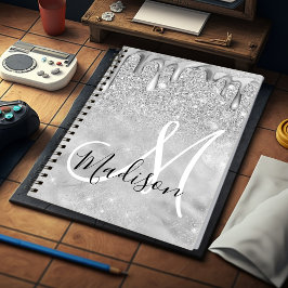 Cuaderno monograma de goteo de purpurinas de color negro pl