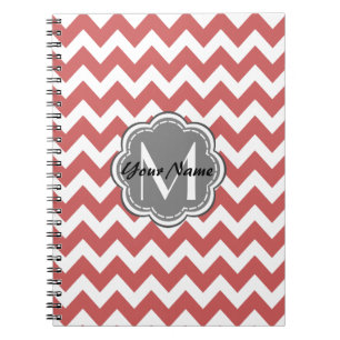 Cuaderno Monograma de gris floral de Chevron rojo indio