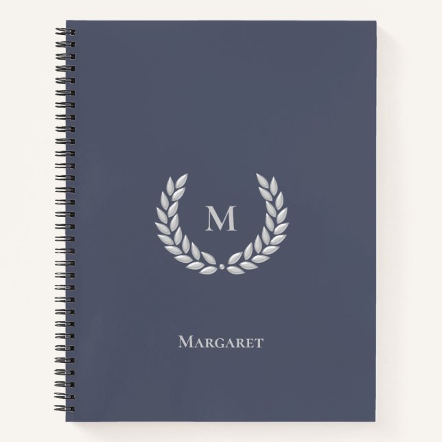 Cuaderno Monograma de gris plateado y laurel sobre gris ace (Anverso)