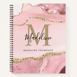 Cuaderno Monograma de guión dorado geoda de ágata rosa Blus
