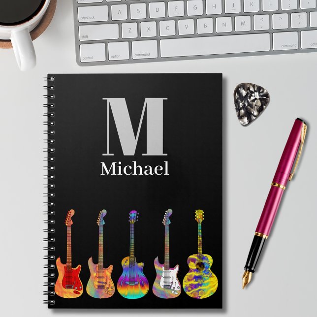 Cuaderno Monograma de Guitars coloridos (Colorful guitars on black custom monogram notebook for guitarists music guitar teachers musicians )