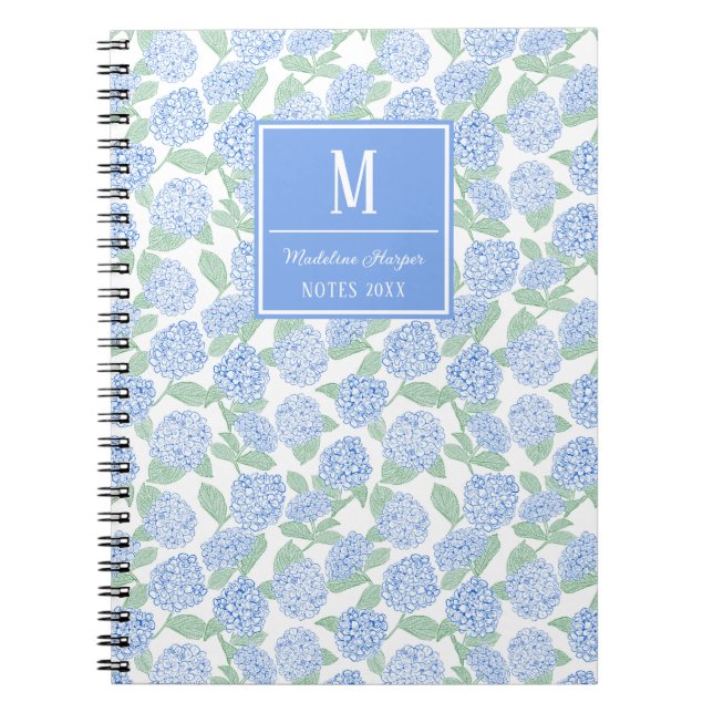 Cuaderno Monograma de hidraneas verde y azul preppy (Frente)
