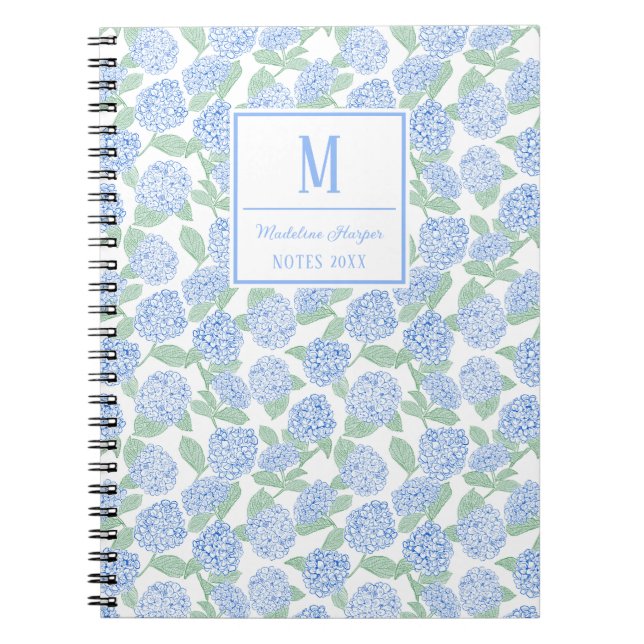 Cuaderno Monograma de hidraneas verde y azul preppy (Frente)