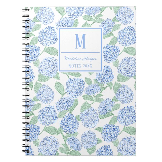 Cuaderno Monograma de hidraneas verde y azul preppy (Frente)