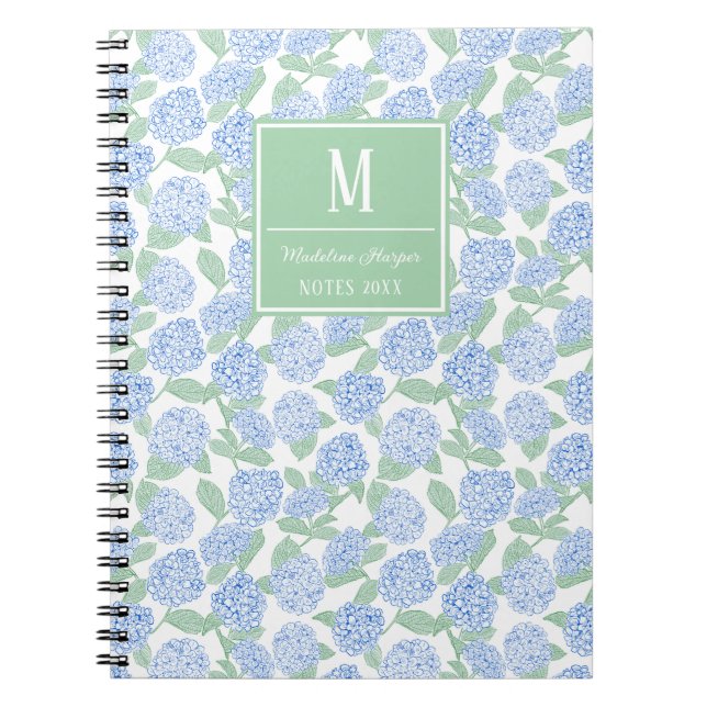 Cuaderno Monograma de hidraneas verde y azul preppy (Frente)