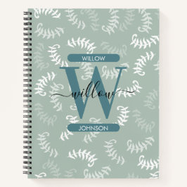Cuaderno Monograma de hojas botánicas verdes verde azuladas