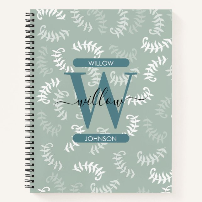 Cuaderno Monograma de hojas botánicas verdes verde azuladas (Anverso)