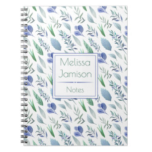 Cuaderno Monograma de Hojas de Acuarela Azul y Verde