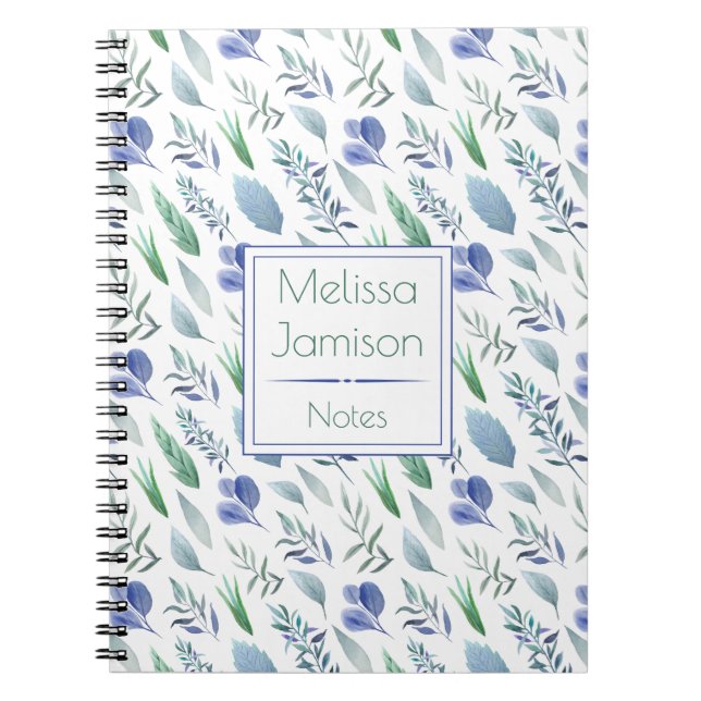 Cuaderno Monograma de Hojas de Acuarela Azul y Verde | (Frente)