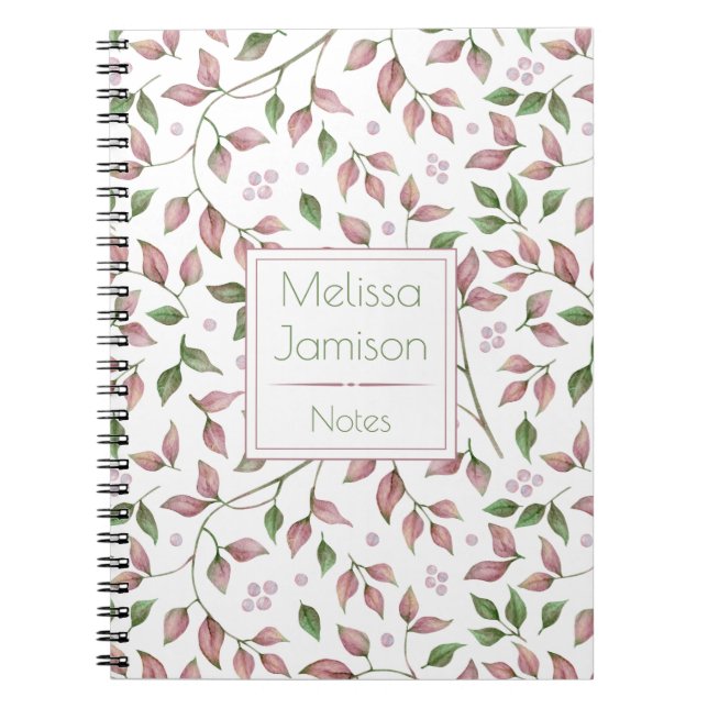 Cuaderno Monograma de Hojas de Acuarela Rosa y Verde | (Frente)