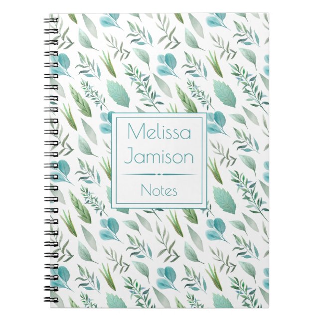 Cuaderno Monograma de hojas de azul y verde turquesa al acu (Frente)
